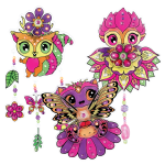 Kolorowe, kapryśne zwierzęta z dużymi oczami i akcentami z kamieni szlachetnych - jak pasiasty kot z kwiatem i lis o skrzydłach motyla - zdobią "Witraż na okno, zestaw do malowania z Hazelią", ustawiony pośród kwiatowych, koralikowych i liściastych dekoracji dla magicznego efektu.