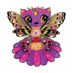 Poznaj Hazelię - kapryśną, kreskówkową istotę o fioletowej twarzy przypominającej kota, dużych oczach i skrzydłach motyla. Witraż na okno, zestaw do malowania z Hazelią przedstawia jej ozdobione klejnotami ciało i uśmiechnięty kwiat w centrum.