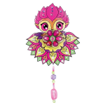 Witraż na okno, zestaw do malowania z Hazelią ma kapryśny kształt kwiatu z warstwowymi różowymi, żółtymi i zielonymi płatkami, różowymi oczami z kreskówek, kolorowymi klejnotami i wiszącym sznurkiem pastelowych koralików z dużym różowym koralikiem.