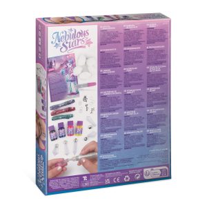 Tył pudełka Zestaw do robienia biżuterii z magicznych kryształów do zaklinania życzeń i Nebulią zawiera nazwę produktu, instrukcje w kilku językach, grafikę Nebulia oraz zdjęcia produktu na różowo-fioletowym tle gradientowym.