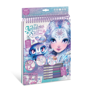 Oprawiony w spiralę Szkicownik z Iceaną zawiera białe kartki, metaliczne pisaki i przedstawia Iceanę z niebiesko-fioletowymi włosami, dużymi oczami i płatkami śniegu w kapryśnym, lodowym stylu fantasy.