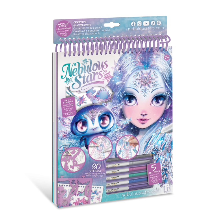 Oprawiony w spiralę Szkicownik z Iceaną zawiera białe kartki, metaliczne pisaki i przedstawia Iceanę z niebiesko-fioletowymi włosami, dużymi oczami i płatkami śniegu w kapryśnym, lodowym stylu fantasy.