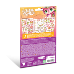 Zdjęcie przedstawia tył opakowania "Tatuaże z Hazelią - 3 rodzaje" z pomarańczowo-fioletowym opakowaniem, informacjami o produkcie, trzema podglądowymi zdjęciami ozdobnych tatuaży, kodem kreskowym, logo i wielkooką postacią fantasy - idealną dla fanów tatuaży.