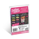 Tył opakowania Komplet długopisów żelowych w neonowych kolorach: pokazuje neonowe próbki, stylizowaną ilustrację dziewczyny, informacje w języku angielskim i francuskim, ikony dla 8 neonowych kolorów, stronę internetową, kod kreskowy i media społecznościowe. Głównie różowy i fioletowy design.