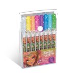 Przezroczyste plastikowe etui zawiera Komplet długopisów żelowych w neonowych kolorach. Ozdobne beczki przedstawiają dziewczynkę z błyszczącymi oczami, kwiatowymi wzorami i "Nebulous Stars" w kolorze złotym pod jej wizerunkiem.