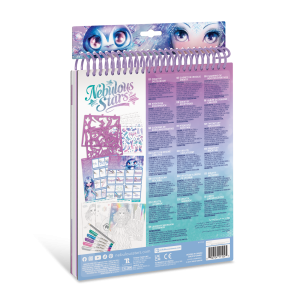 Zdjęcie przedstawia tył zestawu artystycznego Szkicownik z Iceaną, białymi kartkami i metalicznymi pisakami. Na pastelowej okładce znajdują się ilustrowane oczy, a na odwrocie zawartość, taka jak markery, białe kartki, szablony i przykładowe prace.