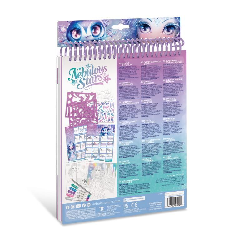 Zdjęcie przedstawia tył zestawu artystycznego Szkicownik z Iceaną, białymi kartkami i metalicznymi pisakami. Na pastelowej okładce znajdują się ilustrowane oczy, a na odwrocie zawartość, taka jak markery, białe kartki, szablony i przykładowe prace.