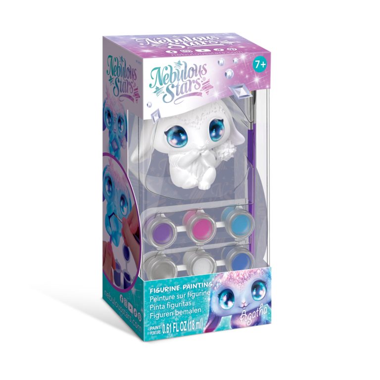Zestaw Figurka do malowania z Agathą (dla dzieci w wieku od 7 lat) zawiera figurkę białego kota z niebieskimi oczami, sześć pojemników z farbami i pędzel, a wszystko to zapakowane w pudełko z fioletowo-niebieskimi akcentami.