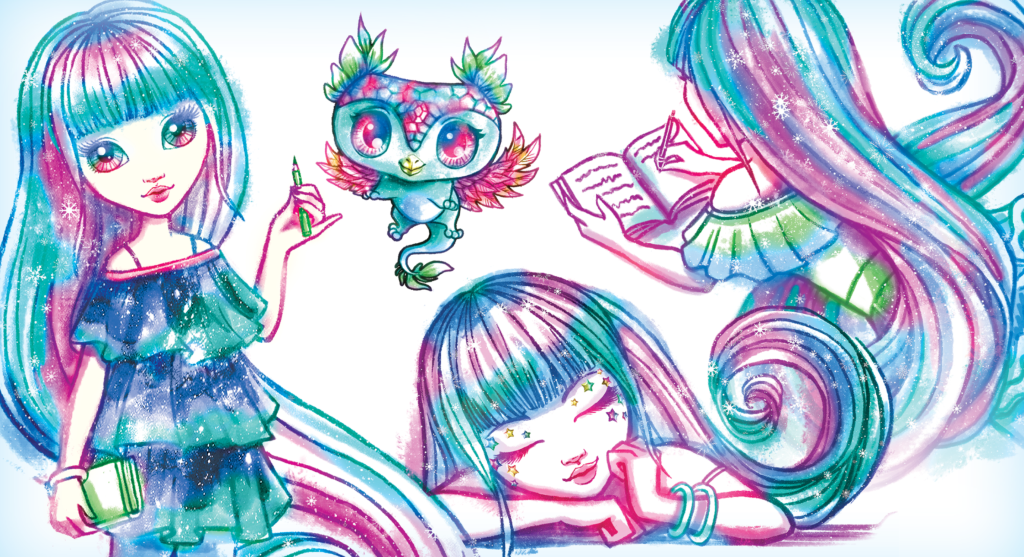 Kolorowa ilustracja dziewczynki z długimi, pastelowymi włosami w marzycielskich pozach - stojącej z zielonym długopisem, czytającej, odpoczywającej i patrzącej przed siebie - oddająca koncentrację i skupienie. Kapryśne stworzenie przypominające sowę z liściastymi skrzydłami unosi się nad nią w błyszczącym stylu.