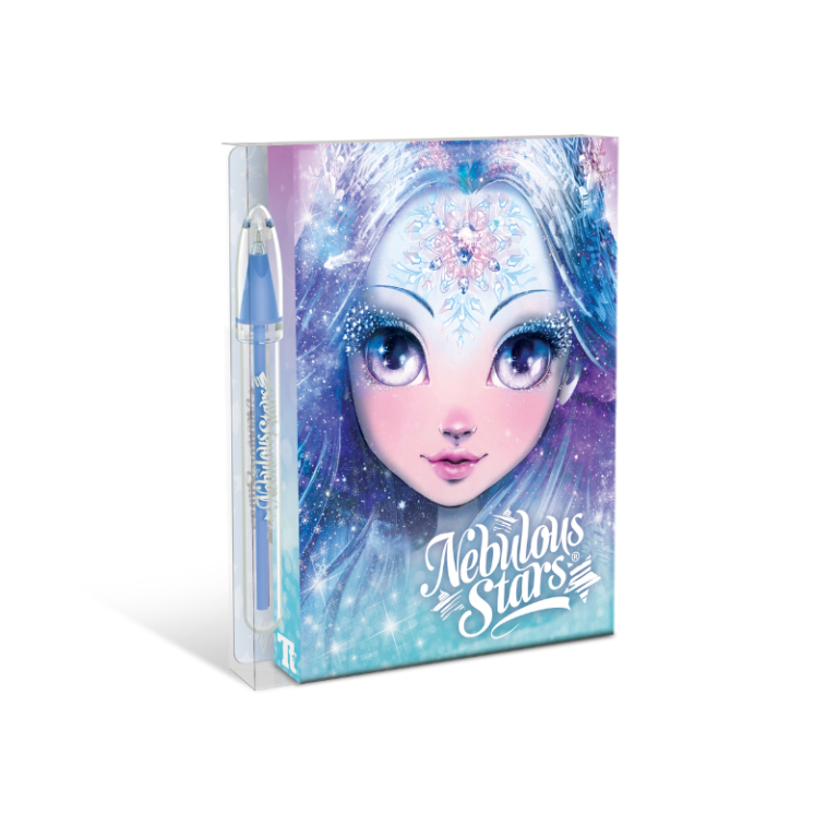 Notatki z długopisem żelowym i kartkami samoprzylepnymi z Iceaną to spiralne notatki z fantazyjną okładką, na której widnieje Iceana z niebieskimi włosami i płatkami śniegu oraz białym napisem "Nebulous Stars". Długopis żelowy w kolorze niebieskim przymocowany z boku.