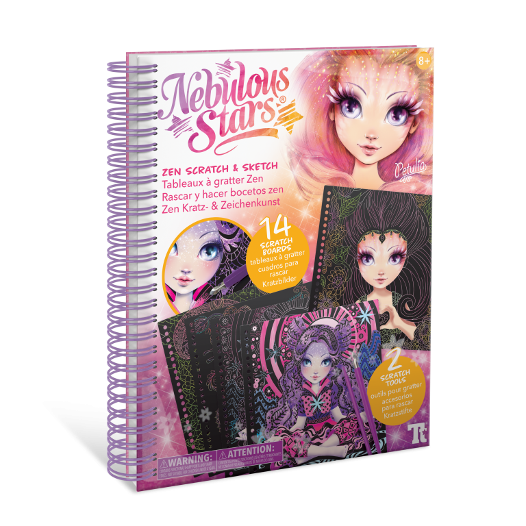 Oprawiony w spiralę zestaw "Zdrapywanki w kolorach kosmosu z rysikami i Petulią" przedstawia różowowłosą dziewczynkę Petulię na okładce i zawiera kolorowe tablice do zdrapywania oraz 14 kosmicznych projektów, idealnych dla osób w wieku od 8 lat.