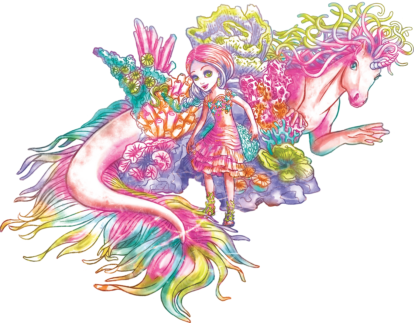 Kolorowa ilustracja syreny z tęczowym ogonem i długimi włosami stoi obok różowego konika morskiego. Otaczają ich koralowce i morskie rośliny, a syrenka nosi sukienkę ozdobioną wodnymi wzorami, emanując magicznym, podwodnym klimatem fantasy.