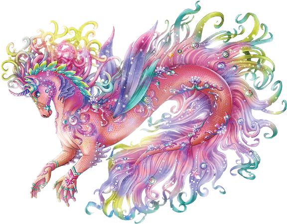 Magiczne stworzenie łączące w sobie cechy konia i ryby, z połyskującymi różowymi łuskami, liściastymi płetwami i płynną, tęczową grzywą i ogonem. Ma delikatne skrzydła, ozdoby z klejnotów i wirujące zielone, żółte i fioletowe akcenty.