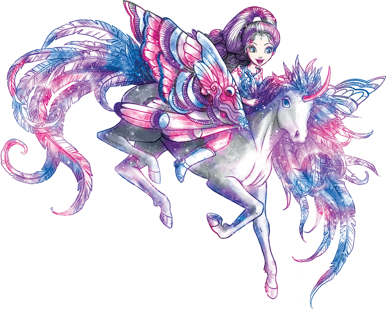 Dziewczyna z długimi fioletowymi włosami, ubrana w niebiesko-różowy strój z dużymi skrzydłami przypominającymi motyle, dosiada białego jednorożca z kolorowymi, pierzastymi skrzydłami i ogonem. Obraz jest szczegółowy, z kapryśnym, fantastycznym stylem w pastelowych różach, fioletach i błękitach.