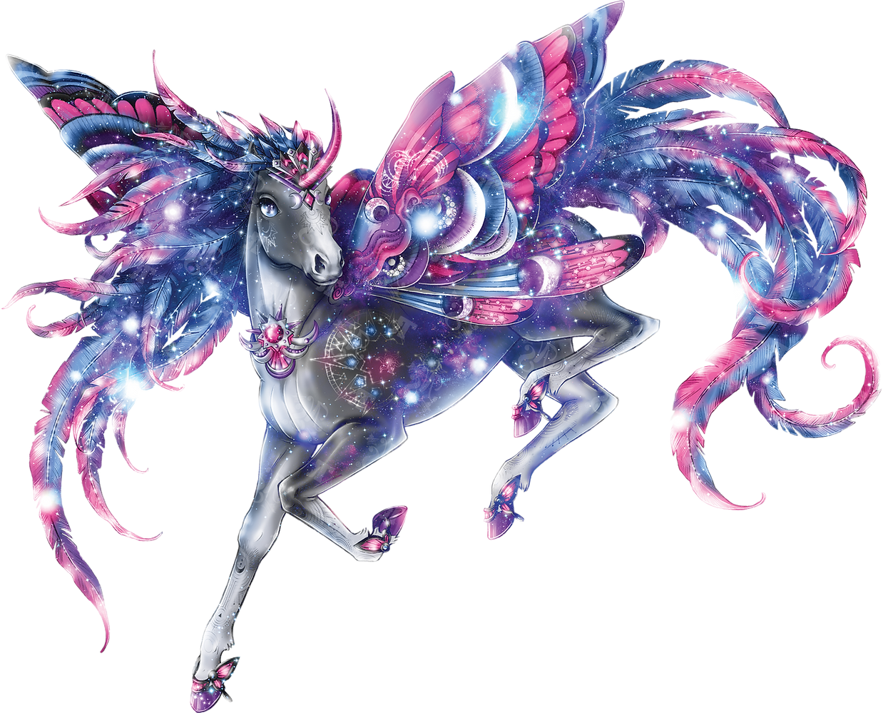 Majestatyczny, fantastyczny pegaz o błyszczącym szarym ciele i jasnych, galaktycznych wzorach na skrzydłach i grzywie w żywych odcieniach różu, błękitu i fioletu. Skrzydła i grzywa są ozdobione gwiazdami, iskierkami i kosmicznymi zawijasami, nadając magiczny, nieziemski charakter.