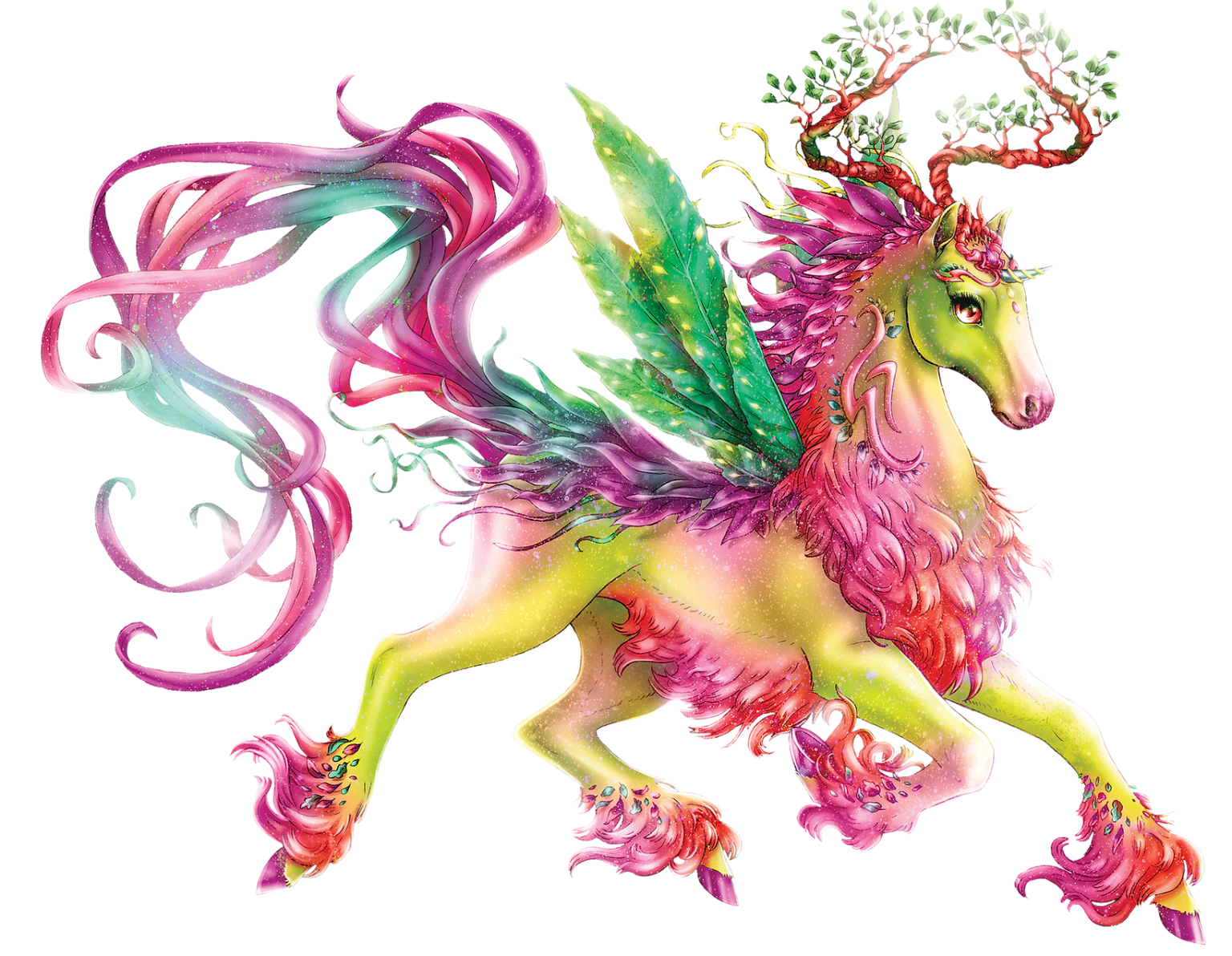 Fantastyczne stworzenie łączące w sobie cechy konia, jednorożca i wróżki. Ma tęczową, płynącą grzywę i ogon, liściaste poroże z gałęziami, błyszczące skrzydła przypominające owady, jasnoróżowe i żółte futro oraz liściaste, ukwiecone kopyta.