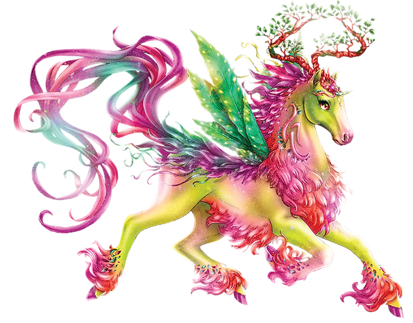 Żywe stworzenie fantasy z ciałem konia w odcieniach żółci, różu i zieleni. Ma liściaste poroże, skrzydła motyla, długą różowo-fioletową grzywę i ogon oraz puszyste futro na piersi i nogach. Z poroża wyrastają małe zielone drzewa.