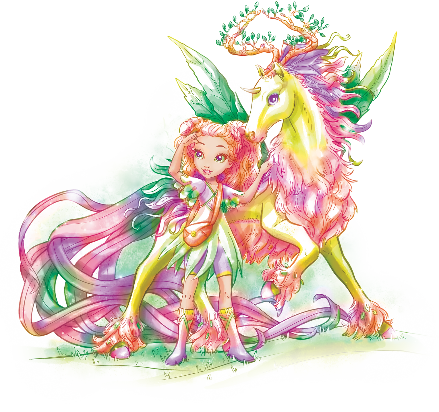 Scena fantasy przedstawia dziewczynę z różowymi włosami, zielonymi skrzydłami i sukienką z płatków, stojącą obok kolorowego jednorożca z zielonymi skrzydłami, różową grzywą, liściastym porożem i długimi, płynącymi pastelowymi włosami. Oboje wydają się przyjaźni i magiczni.