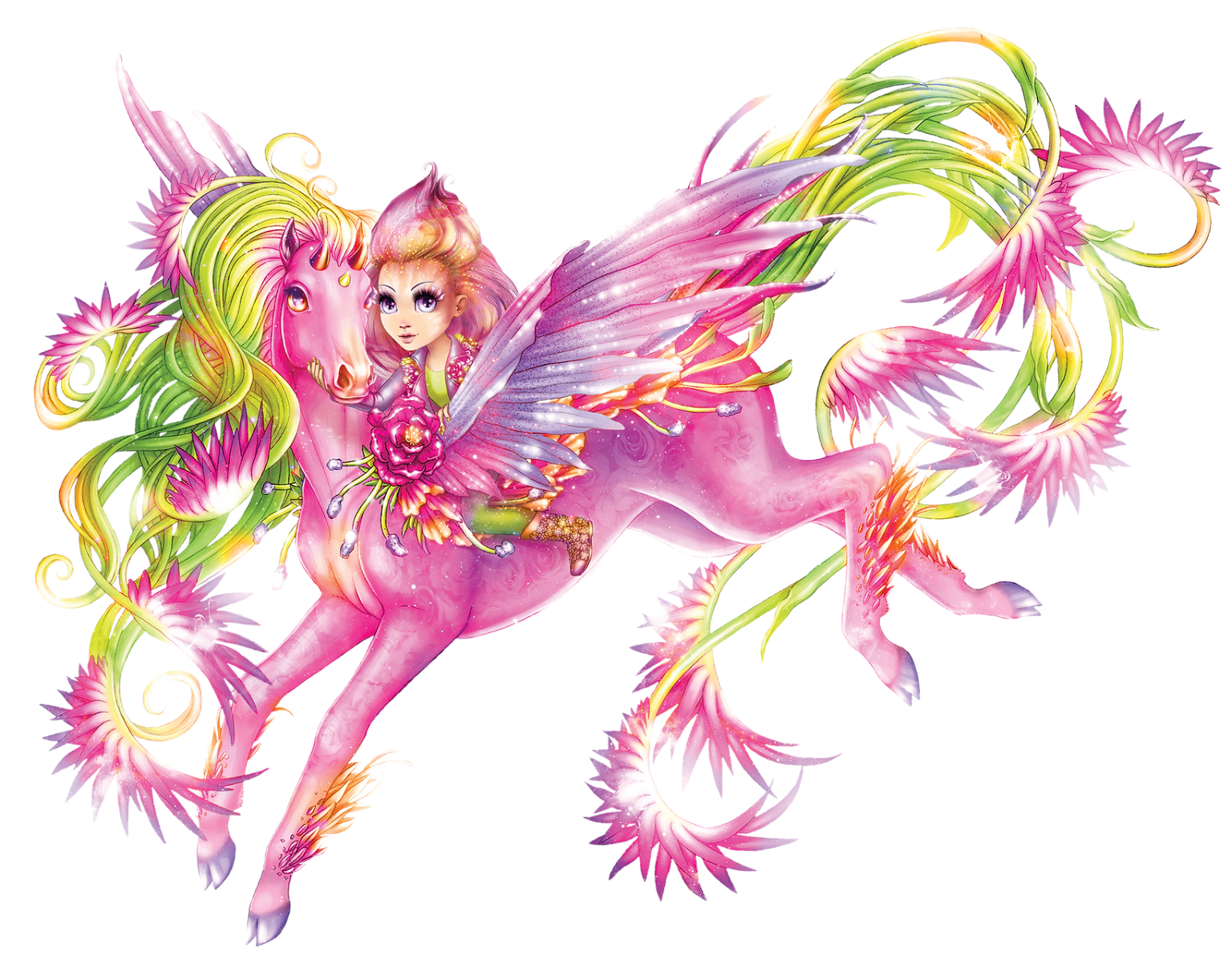 Magiczna scena przedstawiająca skrzydlatą wróżkę o blond włosach i zielonych oczach dosiadającą różowego, skrzydlatego konia. Obie mają żywe, fruwające włosy z zielonymi i żółtymi pasmami i są otoczone wirującymi, kolczastymi różowymi kwiatami i eterycznym światłem.