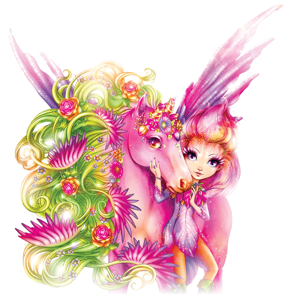Fantastyczna ilustracja przedstawiająca różowego jednorożca z żywą grzywą w kolorze zielonym, żółtym i różowym, ozdobioną kwiatami. Obok niego stoi wróżka z różowymi włosami i błyszczącymi skrzydłami, delikatnie dotykając twarzy jednorożca. Oboje mają duże, wyraziste oczy.