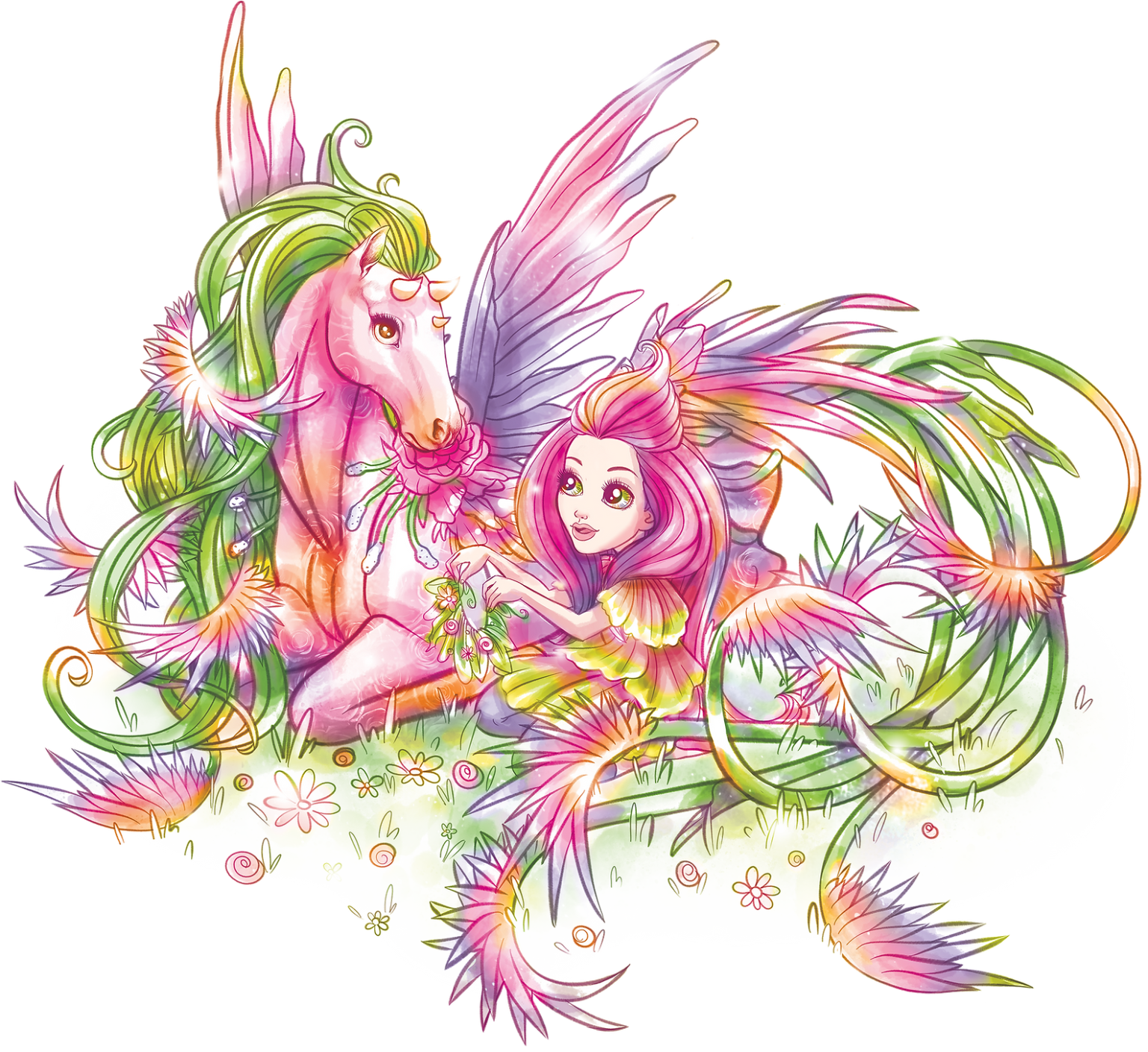 Kapryśna ilustracja przedstawiająca różowego, skrzydlatego konia z zielono-różową grzywą obok wróżki z różowymi włosami i skrzydłami. Otaczają ich wirujące, kolorowe kwiaty i liście, tworząc magiczną, zaczarowaną scenę ogrodową.