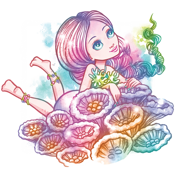 Kapryśna, pastelowa ilustracja syreny Coralii z długimi, falującymi włosami, niebiesko-zielonymi oczami i biżuterią z muszli. Leży na opalizującym koralowcu, otoczona świecącymi roślinami morskimi. Obraz ma senny, magiczny klimat podwodnej fantazji.