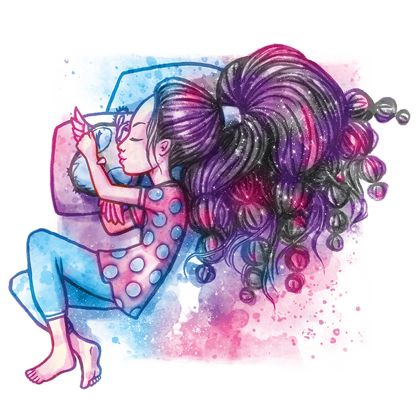 Ilustracja przedstawia Lounę śpiącą na boku, przytuloną do niebieskiej poduszki. Ma długie, falowane, ciemnofioletowe włosy z różowymi pasemkami spięte w wysoki kucyk. Nosi niebieskie spodnie i fioletowy top w kropki. Tło jest mieszanką różowej i niebieskiej akwareli.