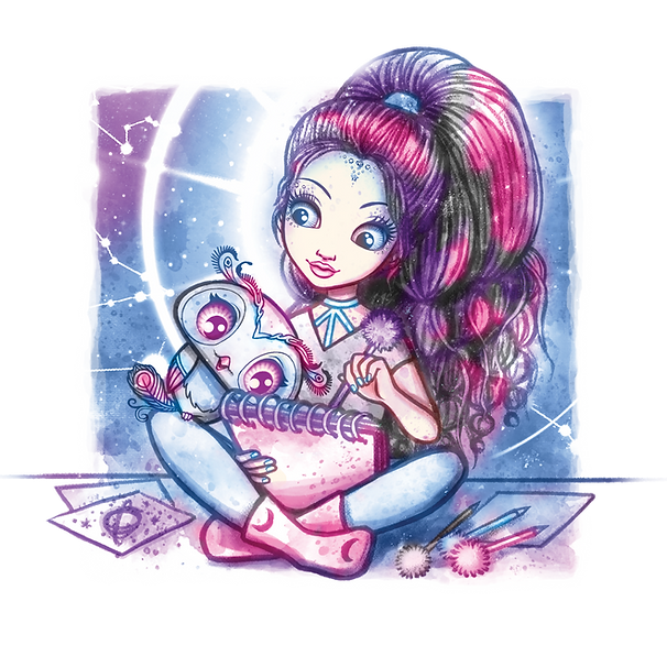 Dziewczynka o dużych oczach i długich, jasnych fioletowo-różowych włosach spiętych w kucyk - Eklipsa - siedzi ze skrzyżowanymi nogami, szkicując w notatniku. Trzyma pluszową sowę i jest otoczona kolorowymi ołówkami, rysunkami i niebiańskim tłem ze świecącymi gwiazdami.