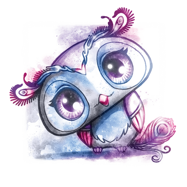 Kapryśna, akwarelowa sowa o imieniu Louna z dużymi, błyszczącymi fioletowymi oczami, różowymi skrzydłami i wyszukanymi magentowymi akcentami piór siedzi przechylona na fioletowym cieniu, wyglądając ciekawie i ujmująco na miękkim, rozbryzganym pastelowym tle.