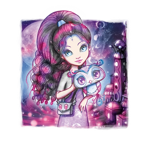 Ilustracja przedstawiająca dziewczynę o długich, falowanych, fioletowo-różowych włosach - Lounę - trzymającą uroczą sowę. Stoi w sennej, magicznej nocnej scenerii pod gwiazdami i księżycem, otoczona kapryśnymi, świecącymi budynkami. Styl jest fantastyczny i czarujący.