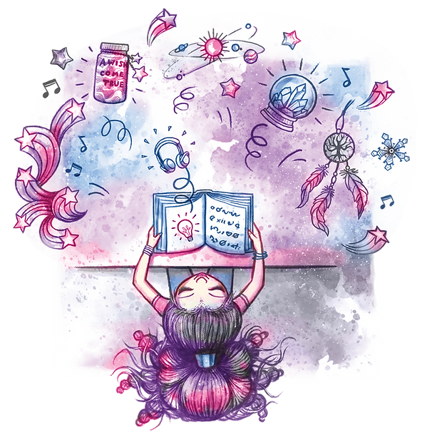 Dziewczynka z kolorowymi włosami leży na plecach, trzymając otwartą książkę. Nad nią unoszą się kapryśne bazgroły - łapacz snów, kryształowa kula i butelka eliksiru - pobudzające wyobraźnię i kreatywność w magicznym świecie inspirowanym Louną lub Eclipsą. Tło jest fioletowe i różowe.