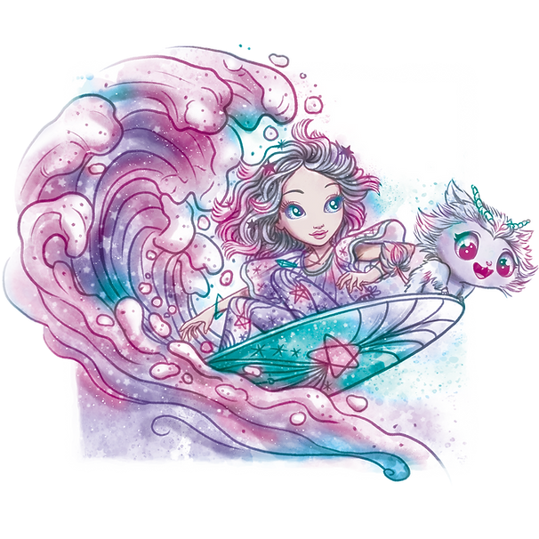 Kapryśna ilustracja dziewczynki z falującymi włosami surfującej na różowo-fioletowej fali na desce surfingowej ozdobionej gwiazdami Estrelia, do której dołącza puszyste, uśmiechnięte, rogate zwierzę. Scena mieni się magiczną, pastelową paletą i błyszczącymi akcentami.