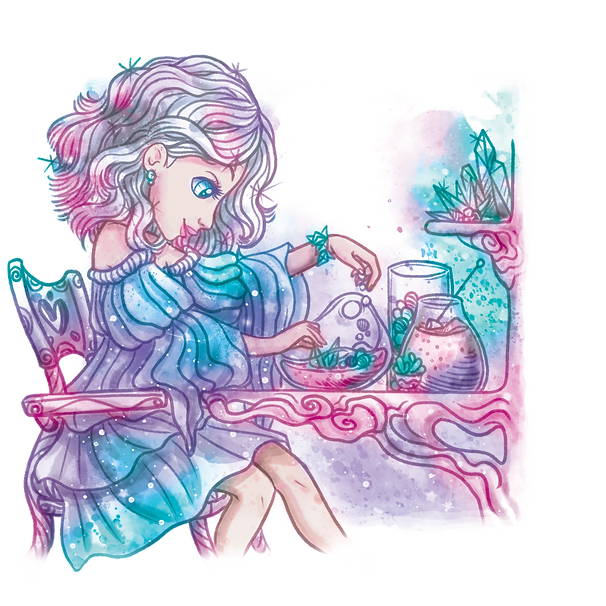 Młoda dziewczyna o imieniu Estrelia z falistymi, srebrnymi włosami i niebieskimi oczami siedzi na ozdobnym, różowo-niebieskim krześle. W swojej falbaniastej sukience z odkrytymi ramionami delikatnie pielęgnuje małe rośliny w szklanych misach na kapryśnym stole w sennym pastelowym świetle.