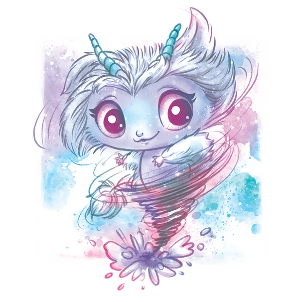 Urocze, niebieskie, futrzane stworzenie z dużymi różowymi oczami, zakręconymi rogami i puszystymi włosami wiruje w pastelowym fioletowo-niebieskim tornadzie. Tło zawiera miękkie akwarele, nadając scenie magiczny charakter inspirowany Astrią.