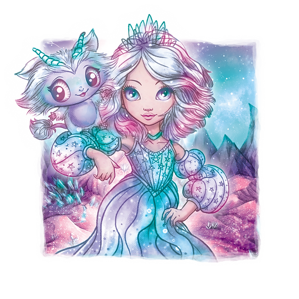 Ilustracja w stylu fantasy przedstawiająca Estrelię, dziewczynę o długich, falujących srebrnych włosach, ubraną w ozdobioną klejnotami koronę i lśniącą niebiesko-fioletową suknię. Stoi w mistycznym, gwieździstym krajobrazie, a na jej ramieniu siedzi urocze, niebiesko-fioletowe rogate stworzenie, uśmiechając się.