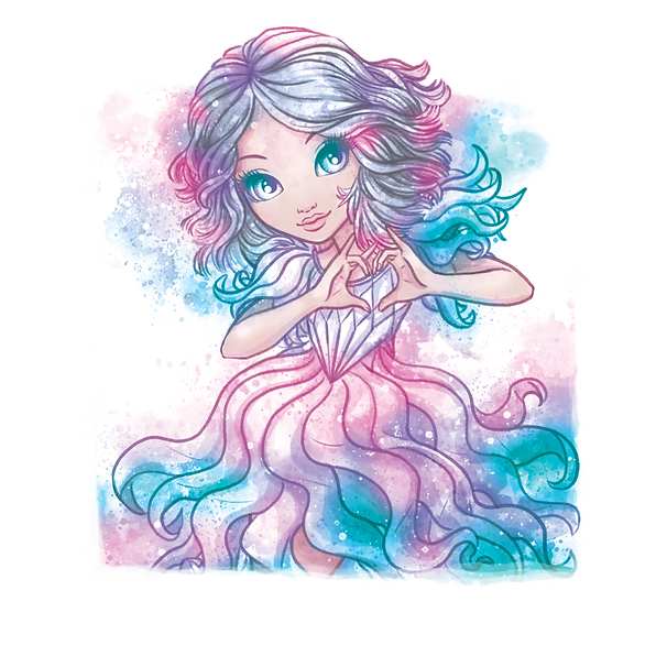 Kapryśna, pastelowa ilustracja przedstawiająca Estrelię, dziewczynę o różowych, niebieskich i fioletowych włosach. Ma jasnozielone oczy, a jej dłonie tworzą kształt serca. Jej falista sukienka pasuje do jej włosów na delikatnym tle.