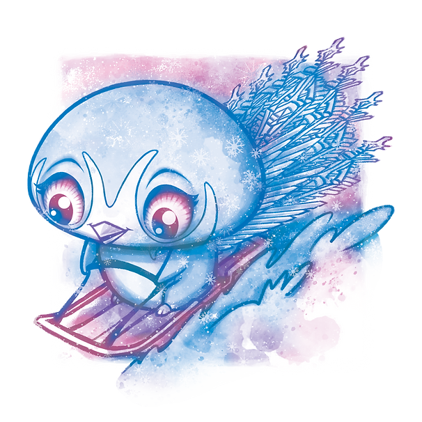 Okrągły, niebieski pingwin z kreskówki o imieniu Blizzia z dużymi różowymi oczami jedzie na czerwonych sankach w dół zaśnieżonego stoku, pozostawiając za sobą lodowate niebieskie ślady. Tło przedstawia różowe i fioletowe płatki śniegu i plamy, tworząc kapryśną zimową scenerię.