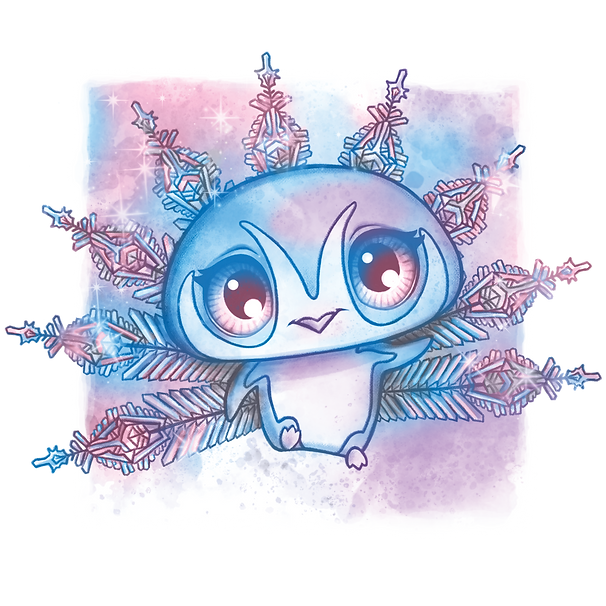 Uroczy, kreskówkowy pingwinek z dużymi różowymi oczami siedzi przed skomplikowanym, inspirowanym Blizzią pastelowym płatkiem śniegu. Tło ma delikatne różowe i niebieskie odcienie akwareli, nadając obrazowi kapryśny, magiczny charakter.