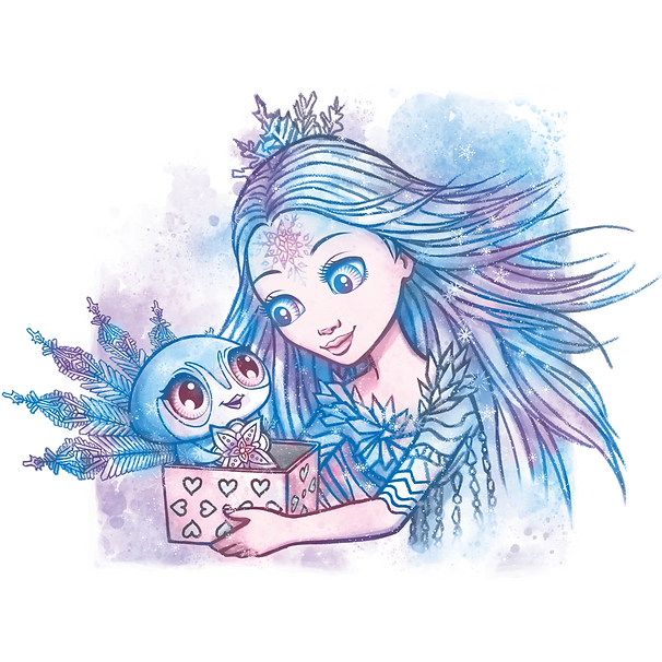 Dziewczynka z niebieskimi włosami, płatkami śniegu i w niebieskiej sukience z miłością otwiera pudełko w kształcie serca, aby odkryć Blizzię, uśmiechniętą okrągłą niebieską istotę z dużymi oczami i lodowymi piórami. Chłodne niebieskie i fioletowe odcienie tworzą magiczną zimową atmosferę.