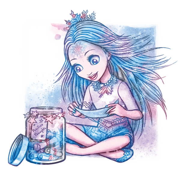 Uśmiechnięta dziewczyna z długimi niebieskimi włosami, ubrana w koronę i niebieską biżuterię, siedzi ze skrzyżowanymi nogami. Czyta notatkę ze szklanego słoika z napisem Pozytywne Myśli. Scena jarzy się magiczną, eteryczną energią - może to być Iceana, strażniczka podnoszących na duchu życzeń.