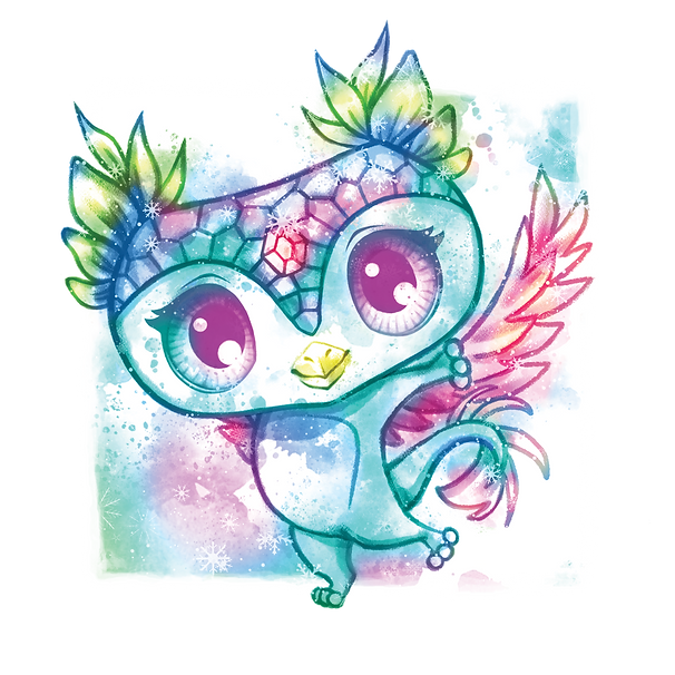 Urocza, fantastyczna istota o imieniu Isadora z dużymi fioletowymi oczami, kolorowymi łuskami na głowie, pierzastymi uszami i dziobem. Jej turkusowe ciało świeci magiczną aurą, ma tęczowe skrzydła i długi ogon, na akwarelowym tle z akcentami płatków śniegu.