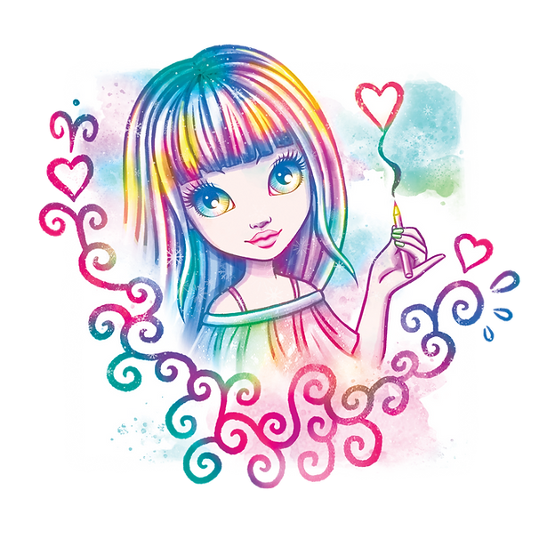 Kolorowa ilustracja przedstawiająca Isadorę, dziewczynę o tęczowych włosach, trzymającą marker i rysującą serce. Wirujące różowe i fioletowe linie oraz małe serduszka otaczają jej aurę, a akwarelowe plamy wypełniają tło.