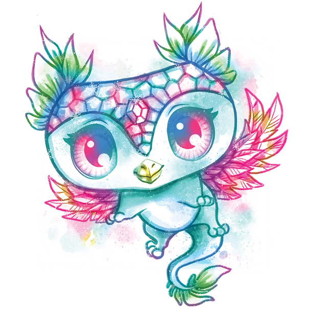 Kolorowe, kapryśne stworzenie z czarującą aurą, dużymi różowymi oczami, pierzastymi zielonymi uszami, łuskowatą głową, liściastymi skrzydłami i zakręconym ogonem. Jego małe niebieskie ciało łączy elementy fantasy sowy, smoka i jaszczurki w stylu akwareli.