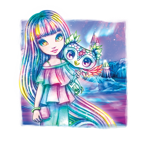 Kolorowa, ilustrowana dziewczynka o imieniu Isadora z długimi tęczowymi włosami i dużymi zielonymi oczami trzyma książkę i kapryśną sowę z tęczowymi piórami. Za nimi senna aura wypełnia fantastyczny krajobraz lodowych klifów, neonowych kryształów i żywego, rozgwieżdżonego nieba.