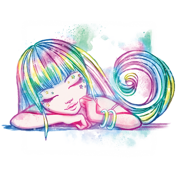 Kapryśna ilustracja przedstawiająca pogodną dziewczynę Isadorę z włosami w tęczowe paski, naklejkami z gwiazdkami na powiekach i pastelowymi bransoletkami. Otacza ją eteryczna aura, gdy opiera głowę, ma zamknięte oczy, a kucyk unosi się spiralnie w miękkich akwarelowych odcieniach.