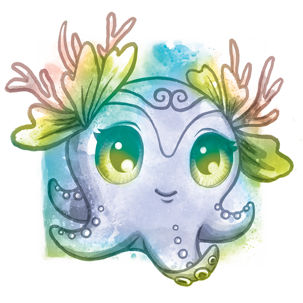 Urocza, kreskówkowa ośmiornica o imieniu Octavia z dużymi zielonymi oczami, liściastymi uszami i różowym porożem przypominającym koral. Jasnofioletowa ośmiornica ma wirujące szczegóły i mały uśmiech. Tło ma delikatne plamy akwareli w kolorze niebieskim, zielonym i żółtym.