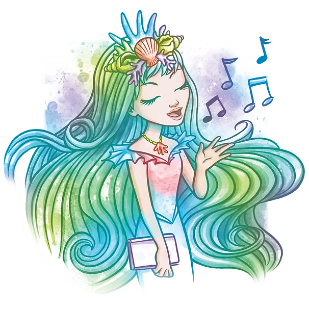 Kreskówkowa syrenka o imieniu Marinia z długimi, zielono-niebieskimi włosami śpiewa z zamkniętymi oczami, a wokół niej unoszą się nuty. Ma na sobie koronę z muszli i wodorostów, niebiesko-różową sukienkę i trzyma zamkniętą książkę na tle akwareli.