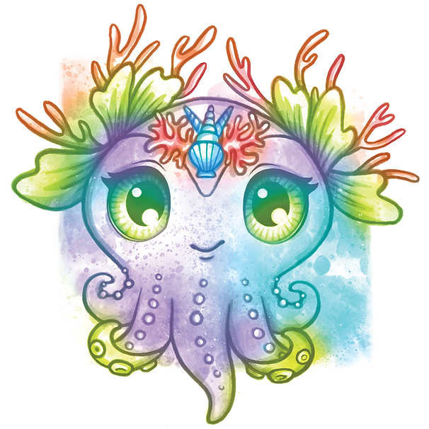 Urocza, pastelowa ośmiornica o imieniu Octavia z dużymi zielonymi oczami, liściastymi zielonymi płetwami przypominającymi uszy, koralowymi gałęziami na głowie i niebieską muszelką na czole uśmiecha się na miękkim tęczowym tle akwareli.