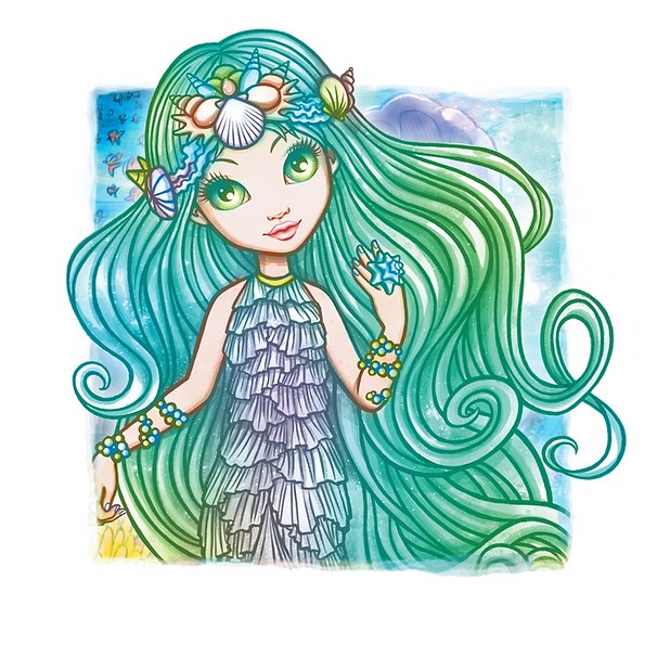 Kapryśny rysunek Marinii, dziewczynki z długimi, zielonymi włosami ozdobionymi muszelkami. Ma na sobie warstwową sukienkę inspirowaną oceanem i biżuterię z muszelek. Ryby i bąbelki wypełniają magiczną podwodną scenę w tle.