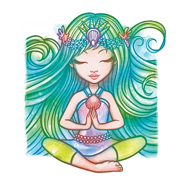 Kapryśna syrenka o imieniu Marinia z długimi, płynącymi zielono-niebieskimi włosami medytuje ze skrzyżowanymi nogami. Nosi koronę z muszelek, naszyjnik z koralików i trzyma różową muszlę na piersi, z zamkniętymi oczami i spokojnym uśmiechem. Tło wiruje kolorami.